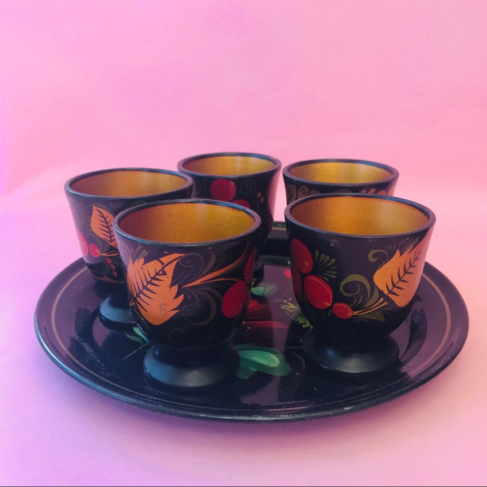 Antique Khokhloma little wooden cups